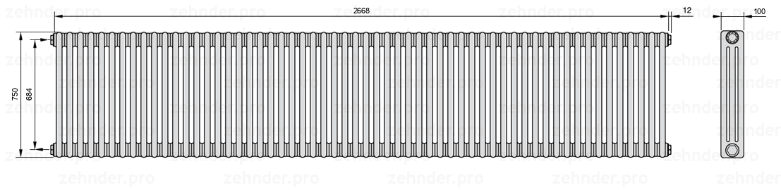 Схема (чертеж) Радиатор Zehnder Charleston 3075/58 №1270 Белый глянцевый RAL 9016